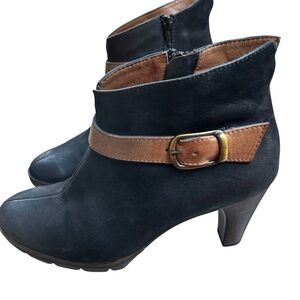 Paul Green Black Brown Leather Ankle Booties Buckle Side Zip Austria US 7.5/UK 5